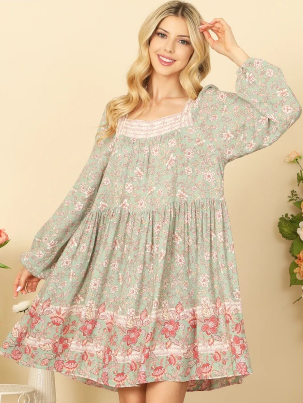Easel Square Neck Floral Print Babydoll Puff Sleeves Dress